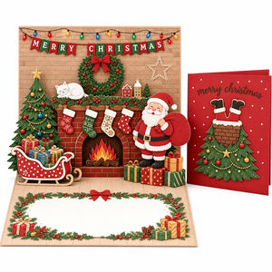 Carte de Noël 3D Pop-up au design original ZS-PC0228, cheminée, sapin, traîneau du Père Noël, chaussettes, chat, découpée au laser - Product Image 1