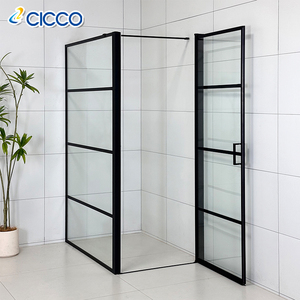 Porte de douche sur pied moderne personnalisée Cadre rectangulaire noir Lignes noires Verre trempé Pliable Style ouvert pour salle de bain - Product Image 4