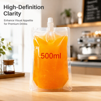 Sachet Doypack transparent de 500 ml avec bec verseur, personnalisable avec logo, prêt à l'emploi, pour emballage à emporter de café glacé et de jus