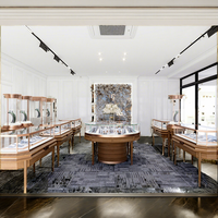 Solution complète pour l'aménagement intérieur d'une bijouterie moderne de luxe, comptoir de présentation de bijoux en bois rose doré avec éclairage LED