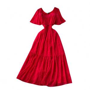 Vestido midi casual de verano vintage con cuello cuadrado, de gasa tejida, corte A, ajustado, para mujer, con cintura imperio - Product Image 5