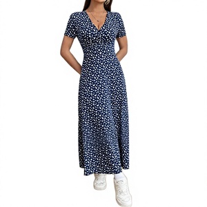 Robe mi-longue décontractée à col en V, cintrée à la taille, à motif floral tissé, respirante, à manches courtes, unie, lavable, pour l'été - Product Image 2