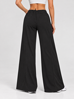 Pantalon large taille haute élastique pour femme avec cordon de serrage, tissu doux et fluide, poches plaquées arrière, coupe droite décontractée pour yoga et fitness