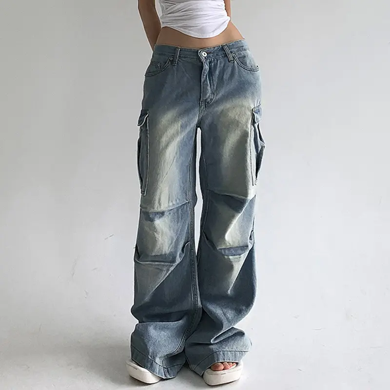 Street style low waist washed worn cargo jeans pants casual straight leg sweat trousers women