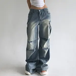 Street Style Low Waist Washed Worn Cargo Jeans Pants Casual Straight Leg Sweat Trousers Women