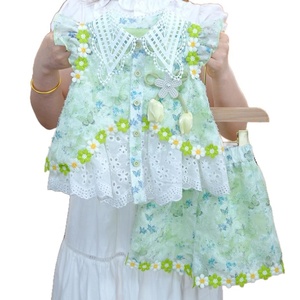 Ensemble deux pièces d'été sans manches avec col en dentelle, grand nœud et motif floral, haut et short, tenue de <span class=keywords><strong>princesse</strong></span> pour petites filles - Product Image 5