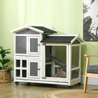 Cage à lapins moderne en bois gris, petite, pour extérieur, avec enclos attaché, rampe, plateau amovible et toit imperméable