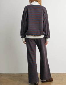 OEM Custom Women's Striped Mock Neck Knitted 2 Piece Set Long Sleeve Sweatshirt Drawstring <b>Wide</b> <b>Leg</b> <b>Pants</b> Loungewear Manufacture - Product Image 2