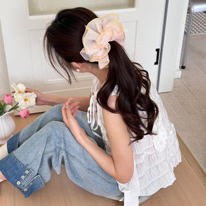 Bandeau élastique pour femme style coréen, en tissu maille bleue, grand chouchou en corde, accessoire d'été - Product Image 3