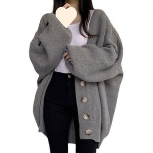 Women's Autumn Winter Long <b>Coat</b> Casual Lazy Style V-Neck Single-Breasted Loose Lantern Sleeve Knitted <b>Cardigan</b> - Product Image 5