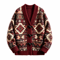 Individuelles LOGO OEM Damen-Pullover Vintage Ethnischer Jacquard-Strick Cardigan mit Knopfleiste Locker Geschnitten Herbst-Winter-Oberbekleidung