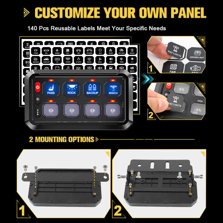 Wireless 8 Gang Aluminum Programmable Switch Panel for 12V Aux Lights