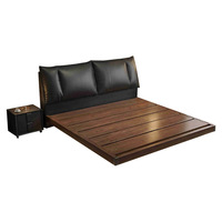 Cama matrimonial king size con cajones, de madera maciza, estilo moderno de mediados de siglo, con estructura de suelo y almacenamiento.