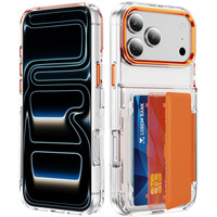 Étui de téléphone transparent avec support rabattable dissimulé, fente pour cartes, design portefeuille et cadre de caméra électroplaqué pour iPhone 18 15 16 17 Pro Max