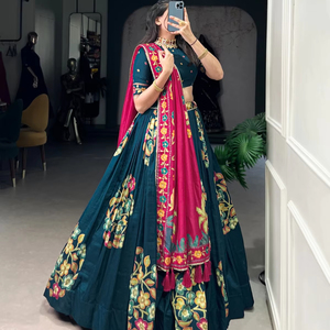 ชุดพื้นเมืองผ้าไหมทัสซาร์ lehenga choli ชุดพิมพ์ลายสวยงามสำหรับงานรื่นเริงตัวเลือกที่สมบูรณ์แบบสำหรับทุกโอกาส - Product Image 1