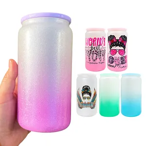 Holographic Can Shaped Beer Glass flashing rough glitter powder coated 16oz sublimation beer drinking glasses with Plastic lid