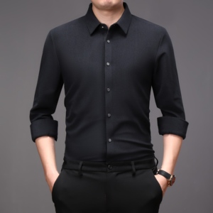 Áo sơ mi nam cổ xuống cổ áo dài tay phong cách mới màu trơn không ủi cho người trung niên cho mùa hè - Product Image 4