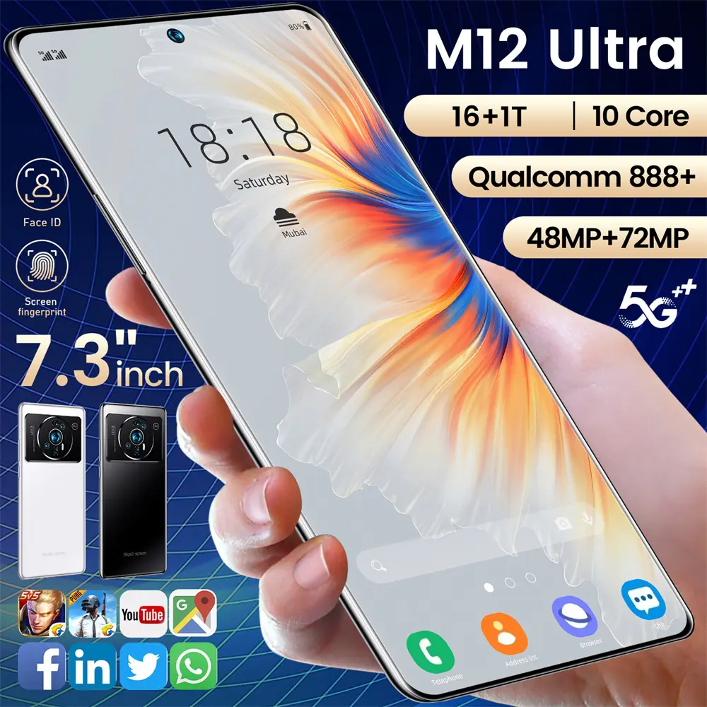 गर्म salling जिओ M12 अल्ट्रा 7.3 "Smartphones 16GB + 1TB Andriod12 दोहरी सिम अंकित आईडी स्मार्ट फोन qualcomm8 + 7300mAh MobilePhones