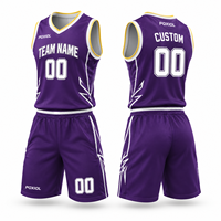 Maillot de basketball personnalisé violet à col en V avec motif flamme, entièrement sublimé, équipement sportif personnalisé pour ligue locale USA