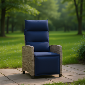 Chaise de jardin inclinable en rotin moderne, revêtement bleu marine, mobilier d'extérieur, style design contemporain - Product Image 2
