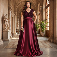 Robe de soirée formelle longue IMPEREAL grande taille bordeaux à col en V, manches courtes à sequins, en satin, coupe trapèze, pour bal de promo et mariage