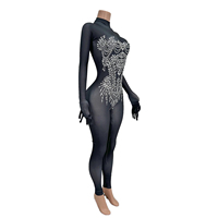 Combinaison sexy en diamant noir, tenue de spectacle de drag, tenue de festival, justaucorps de danse, combinaison de fête pour femme, strass