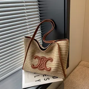 Bolsa de palha feminina artesanal de 2023 cm, cesta de vegetais para férias e praia, bolsa grande de ombro único para axilas