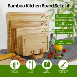 4 pcs bambu tábuas de corte conjunto com suporte cozinha tábua de cortar com suco sulco carne legumes frutas servindo bandeja - Product Image 2