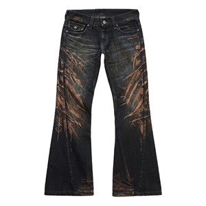 Jeans Estampados DIZNEW Negros Acampanados de Tiro Bajo con Grabado Láser de Cobre en Toda la Superficie, Diseño de Plumas, <span class=keywords><strong>Runas</strong></span>, Totem Geométrico y Bordado de Patas de Gato OEM - Product Image 1