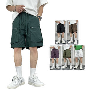 Shorts cargo décontractés en coton polyester tissé, mi-respirants, à taille élastique, 6 poches, teinture unie, pour hommes, pantalon mi-long - Product Image 1