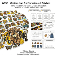 Patchs brodés motif Vache des Highlands et Tournesol, thermocollants et à coudre, assortiment de 50 styles, thème Western Cowboy, pour vêtements, chapeaux, sacs et décoration DIY