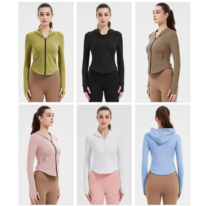 Women's Hooded Full Zip Crop High Elastic Hooded Crop <b>Jacket</b> Slim Fit Thumb Holes Breathable Yoga <b>Workout</b> Top With Pockets - Product Image 5