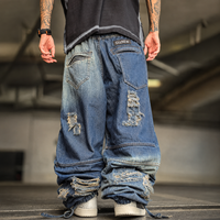 DiZNEW Jeans Baggy Homme Personnalisés Effet Vieilli, Denim Lourd Déchiré et Patchwork, Coupe Large, Style Y2K Grunge, Jeans Empilés