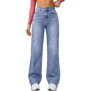 Jeans en denim pour femmes Pantalons délavés à barbe de chat Jeans amples pour femmes - Product Image 1