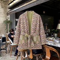 Veste matelassée décontractée pour femme Boh Creation, col en V, imprimé floral multicolore, manches longues, tissu tissé teint en pièce