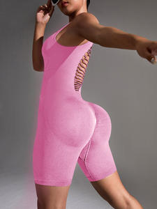 女性用シームレスセクシースポーツボディスーツ1体タイトヨガスーツ中空ストライプカップパンツジャンプスーツ - Product Image 1