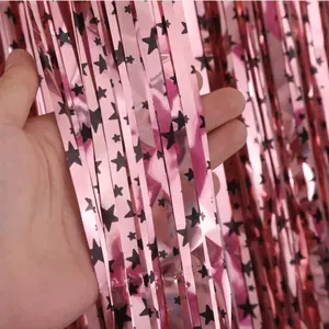 Cortina de franja holográfica colorida, cortina metálica com borla para aniversário