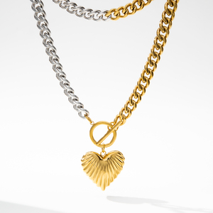 Collar YF5129 de Acero Inoxidable Pulido de Alta Calidad con Colgante de Corazón, Cadena Cubana de Dos Tonos, Cierre OT y Baño de Oro de 18k de Estilo Vintage - Product Image 1