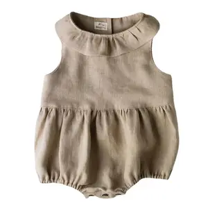 Nouveau-né fille barboteuse sans manches avec feuille de lotus combinaison confortable en coton et lin couleur pure combinaison unie