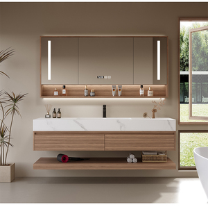 Gabinete de espejo de baño marrón, espejo inteligente cuadrado, venta directa de fábrica, diseño de doble cajón, soporte de exhibición sin obstáculos - Product Image 3