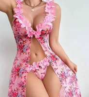 Chemises de nuit en dentelle transparente sexy et séduisantes pour femmes européennes et américaines, ensemble de chemises de nuit florales transparentes