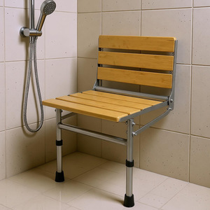<b>Folding</b> <b>Shower</b> <b>Stool</b> Wooden Stainless Steel Wall Mounted Adjustable Bathroom Safety Equipment 33x40x54cm - Product Image 2