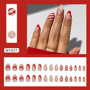 Ms.Miemie 30 pièces Faux ongles en ABS à presser, style armure, courts, forme amande, <span class=keywords><strong>rouge</strong></span> Noël, motif nœud français, rayures et flocons de neige, pour <span class=keywords><strong>manucure</strong></span> à déposer - Product Image 2