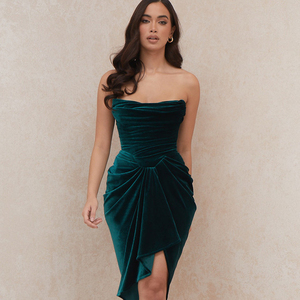 green emerald velvet dress Dark Green Velvet Deep V Neckline Flare Sleeves Dress main image 0