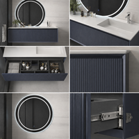 Meuble-lavabo flottant de luxe gris foncé cannelé avec lavabo, miroir LED rond et armoire murale pour projets hôteliers et d'appartements