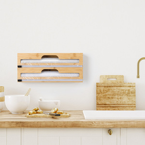 Découpeur de film alimentaire en bambou 33,5x22x7,5cm avec support pour rouleau de papier aluminium, boîte de rangement de cuisine - Product Image 2