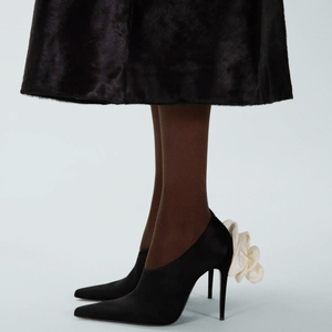 Sandales élégantes en soie pour femme, grande taille 45, à fleur arrière, à bout pointu, talons aiguilles fins, chaussures de soirée, escarpins à coupe large - Product Image 1
