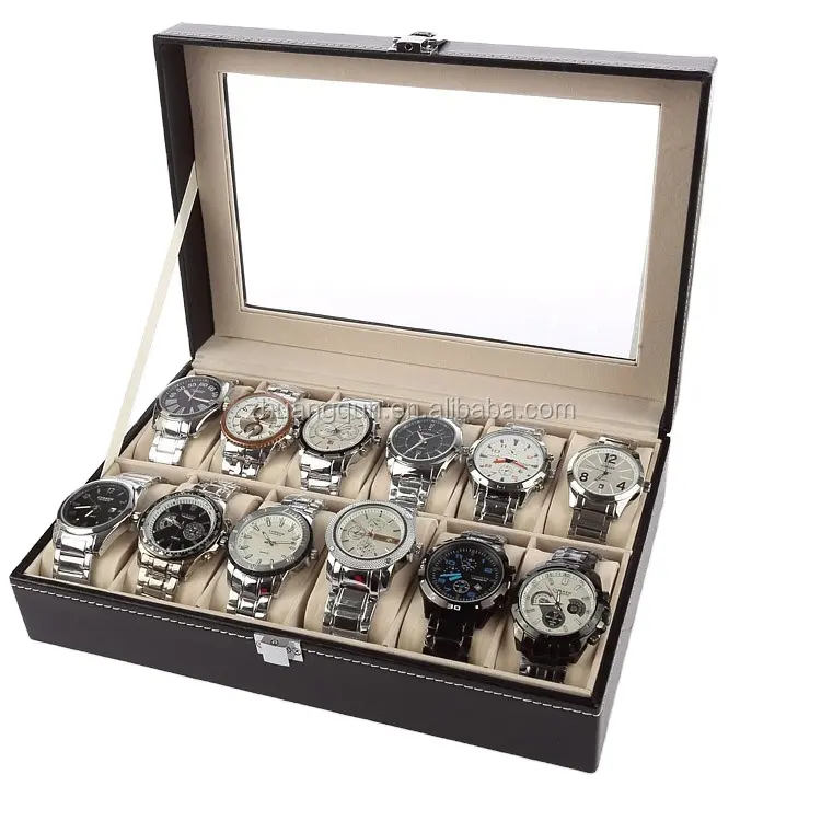 人気の12スロットガラストップメンズレザーブラックPuディスプレイパッケージ腕時計収納コレクションショーケースボックス