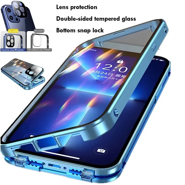 360° Full Body Magnetic Metal Frame Double-Sided Tempered Glass Phone Case for iPhone 17 16 15 14 13 12 11 Pro Max