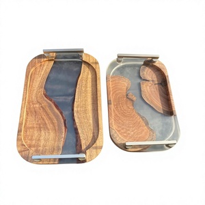 <b>Rustic</b> Farmhouse Epoxy Resin & Acacia Wood Decorative Serving Tray with Luxury Metal Handles for Breakfast, Drinks & Home Decor - Product Image 1